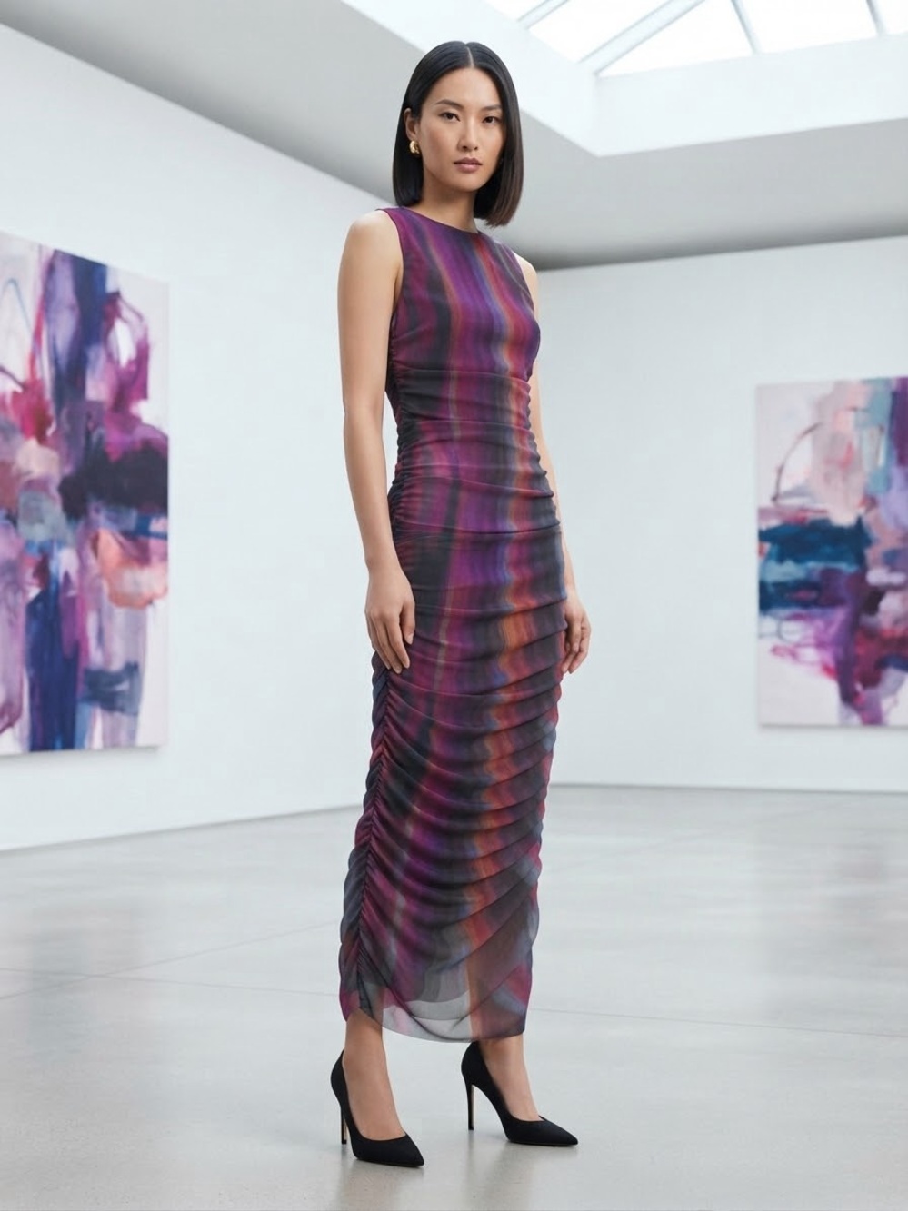 Zara Sleeveless Ruched Maxi Dress in Purple and Pink Stripes